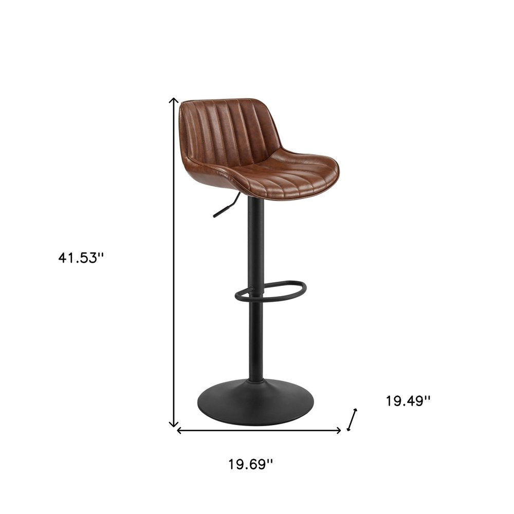 Set of Two Chestnut And Black Faux Leather And Steel Low Back Adjustable Height Swivel Bar Chairs