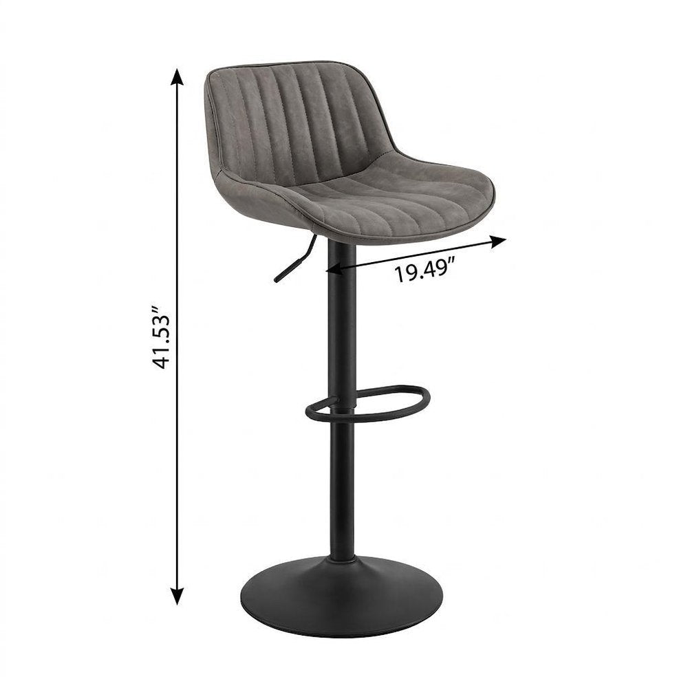 Set of Two Gray And Black Faux Leather And Steel Low Back Adjustable Height Swivel Bar Chairs