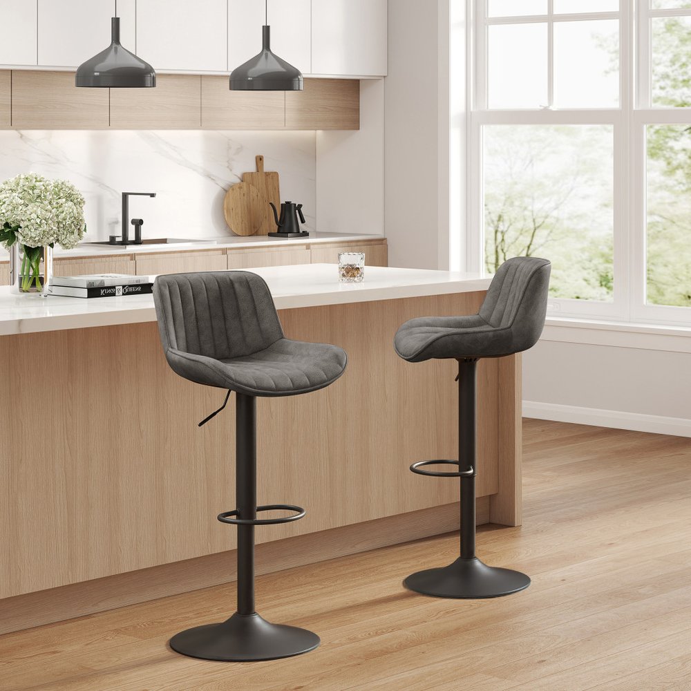 Set of Two Gray And Black Faux Leather And Steel Low Back Adjustable Height Swivel Bar Chairs