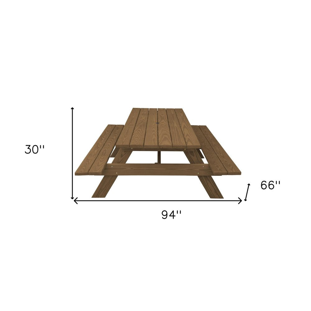 94" Brown Solid Wood Outdoor Picnic Table with Umbrella Hole