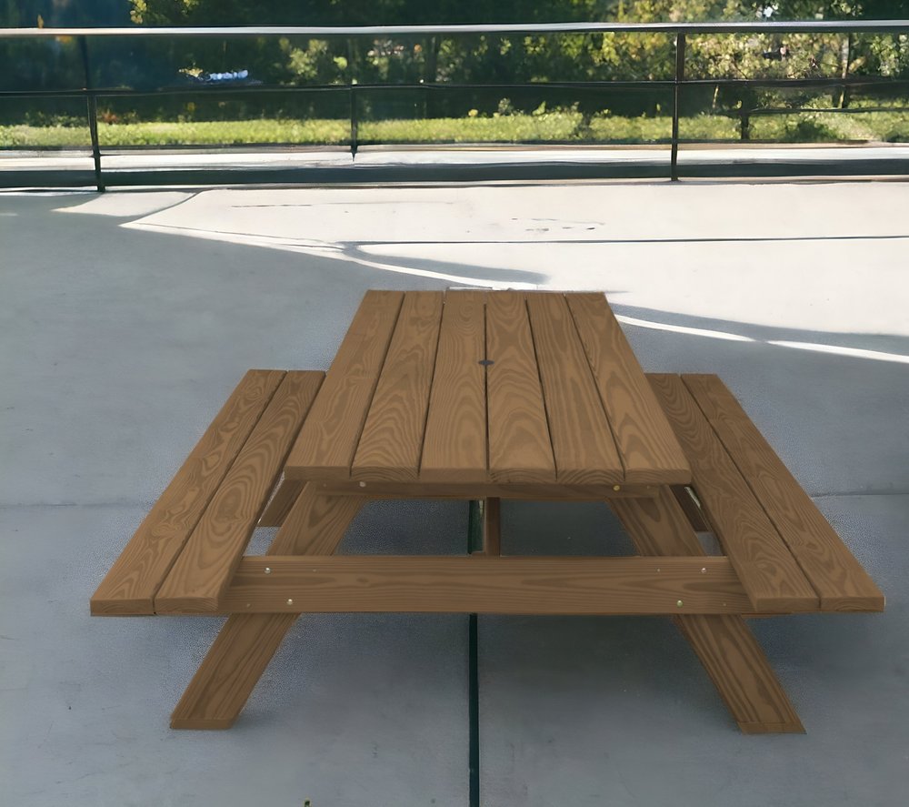 94" Brown Solid Wood Outdoor Picnic Table with Umbrella Hole