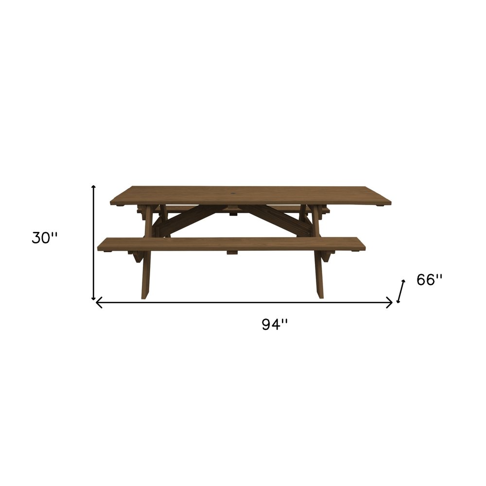 94" Brown Solid Wood Outdoor Picnic Table with Umbrella Hole