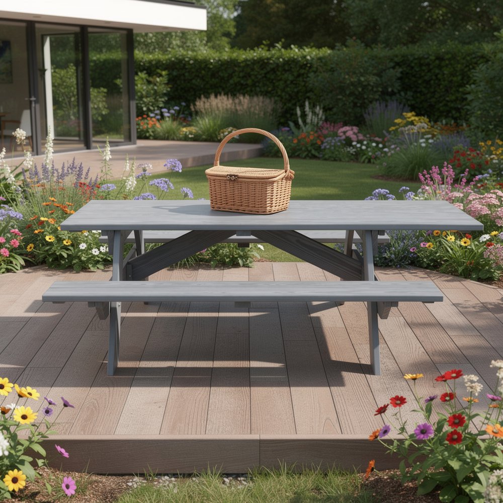 Gray Solid Wood Outdoor Picnic Table Umbrella Hole