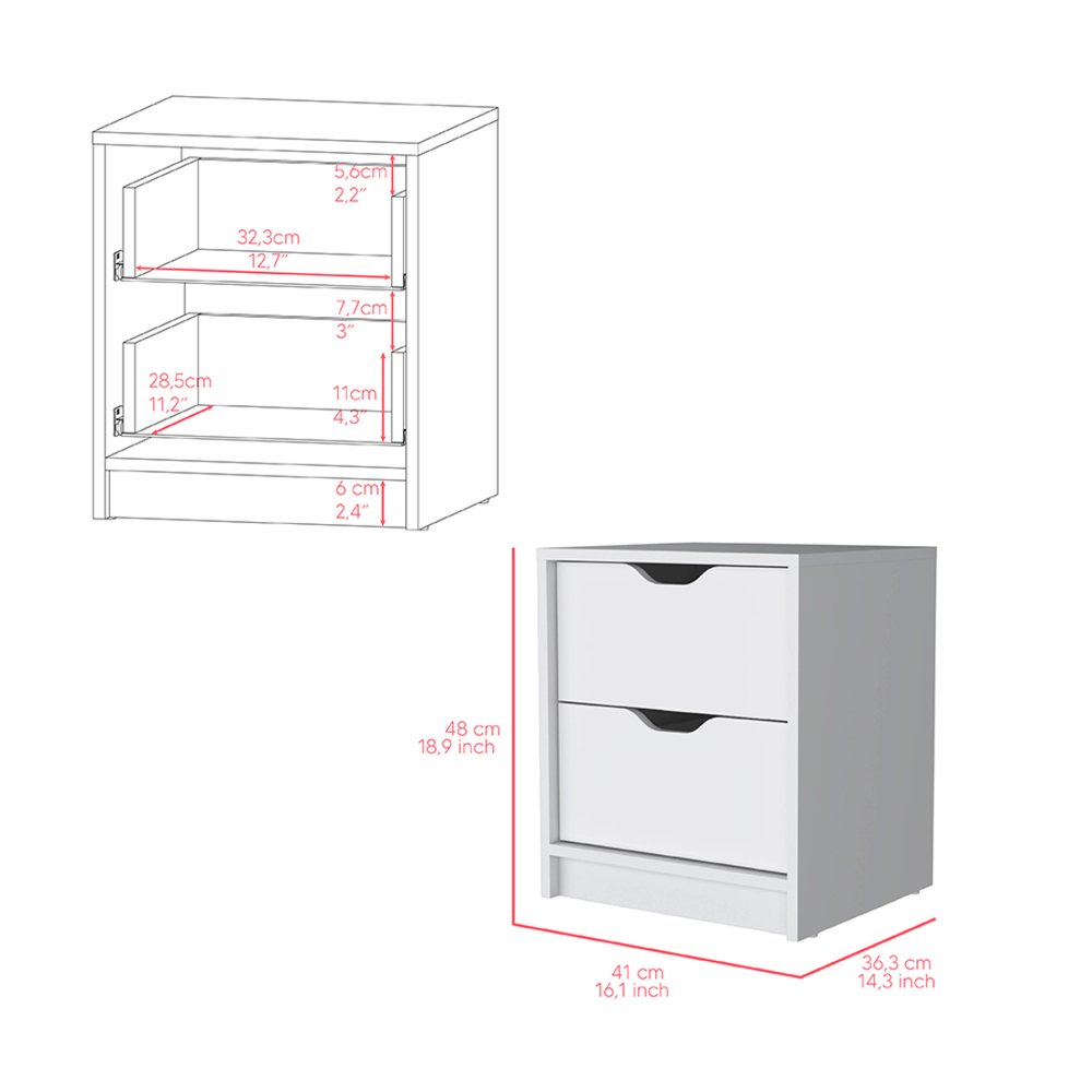 19" White Wood Two Drawer Nightstand