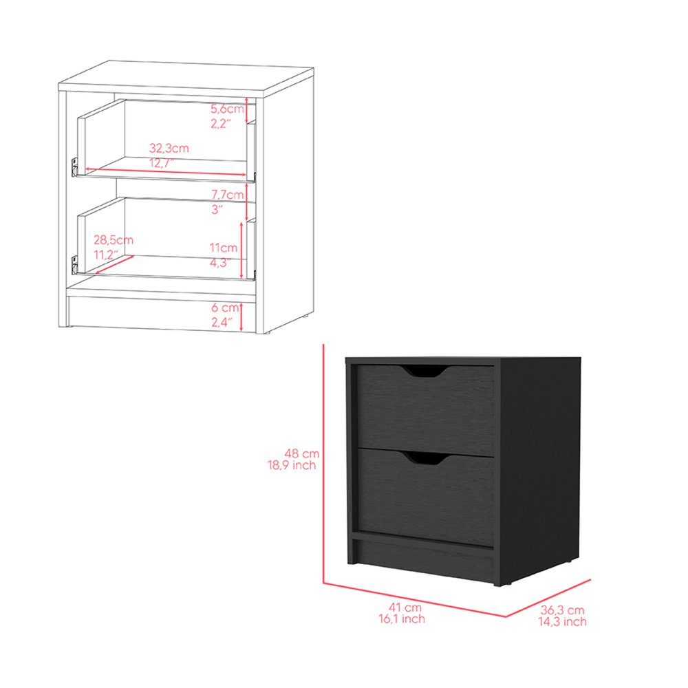 19" Black Wood Two Drawer Nightstand