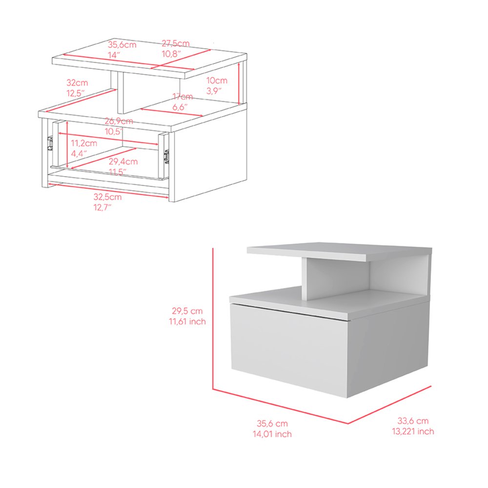 14" White Wood One Drawer Floating Nightstand