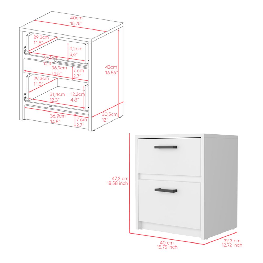 19" White Wood Two Drawer Nightstand