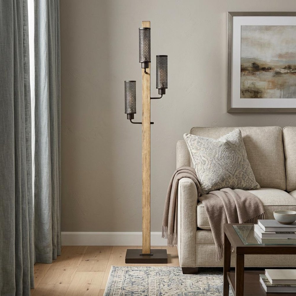 61" Brown Three Light Traditional Shaped Floor Lamp With Black Novelty Shade