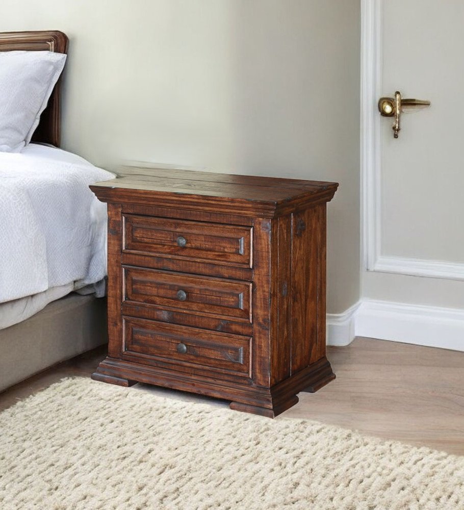 32" Brown Solid Wood Three Drawer Nightstand