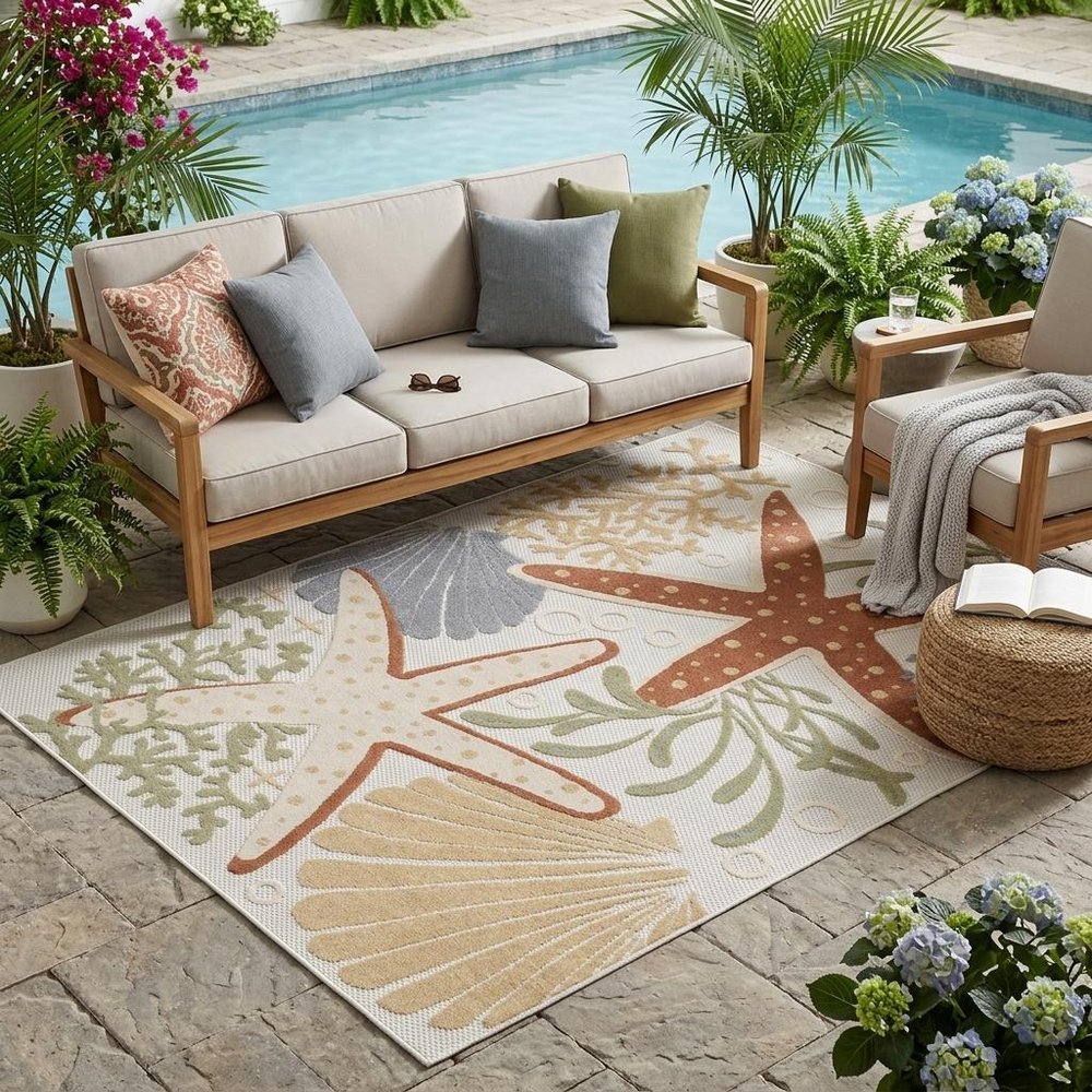 5' X 7' Ivory Orange and Blue Indoor Outdoor Area Rug