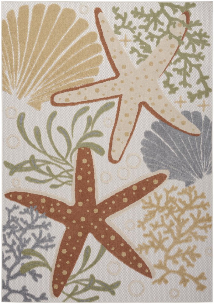 5' X 7' Ivory Orange and Blue Indoor Outdoor Area Rug