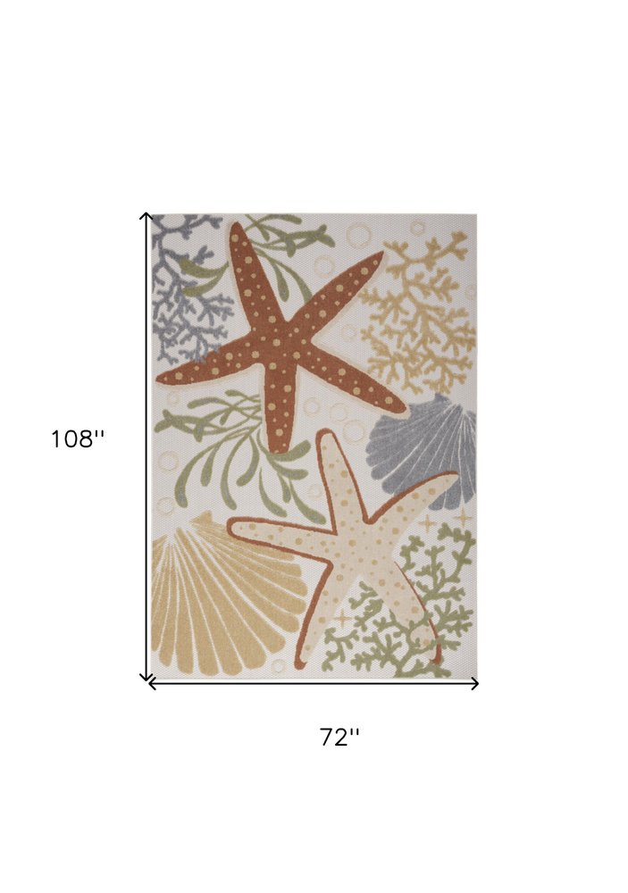 6' X 9' Ivory Orange And Blue Indoor Outdoor Area Rug