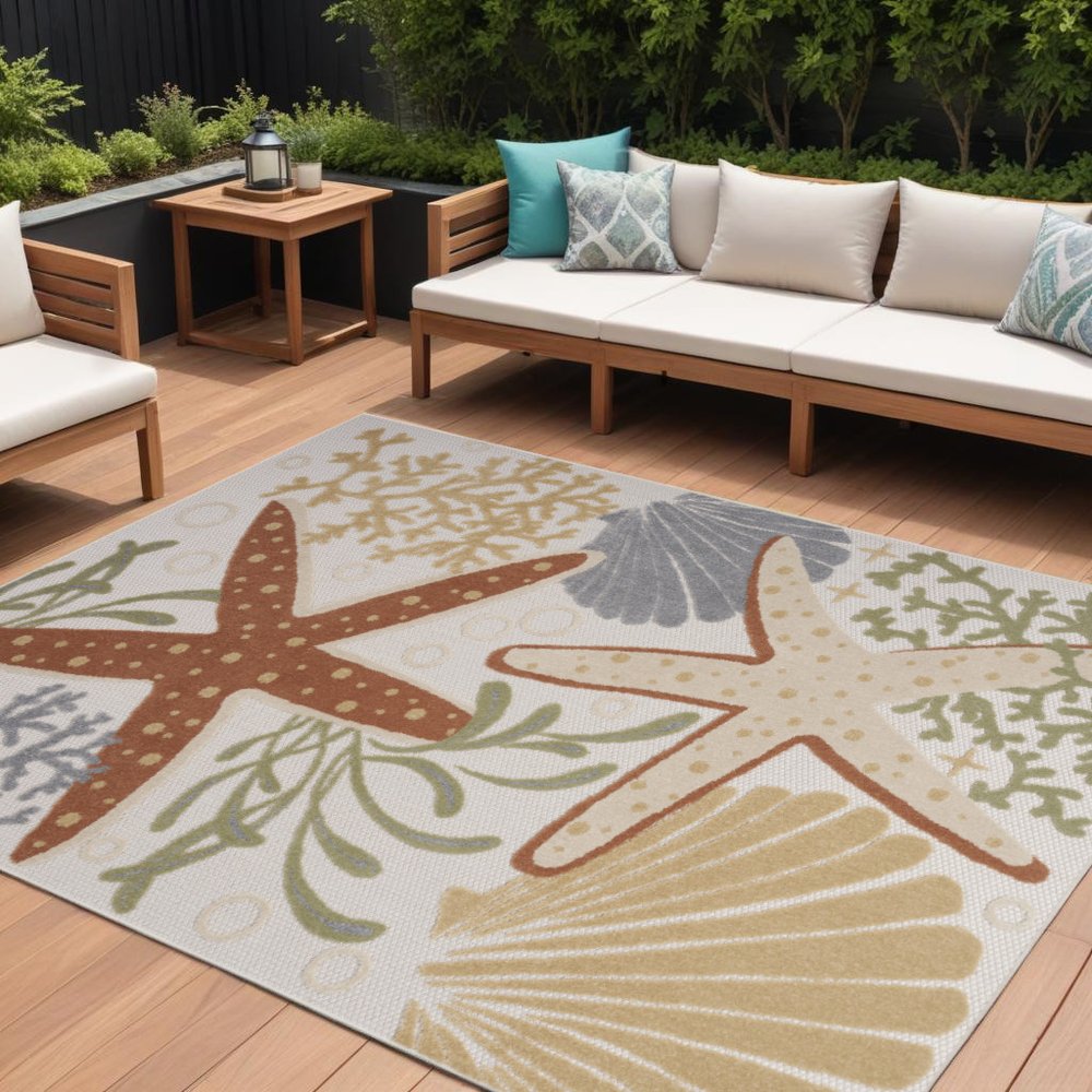 6' X 9' Ivory Orange And Blue Indoor Outdoor Area Rug