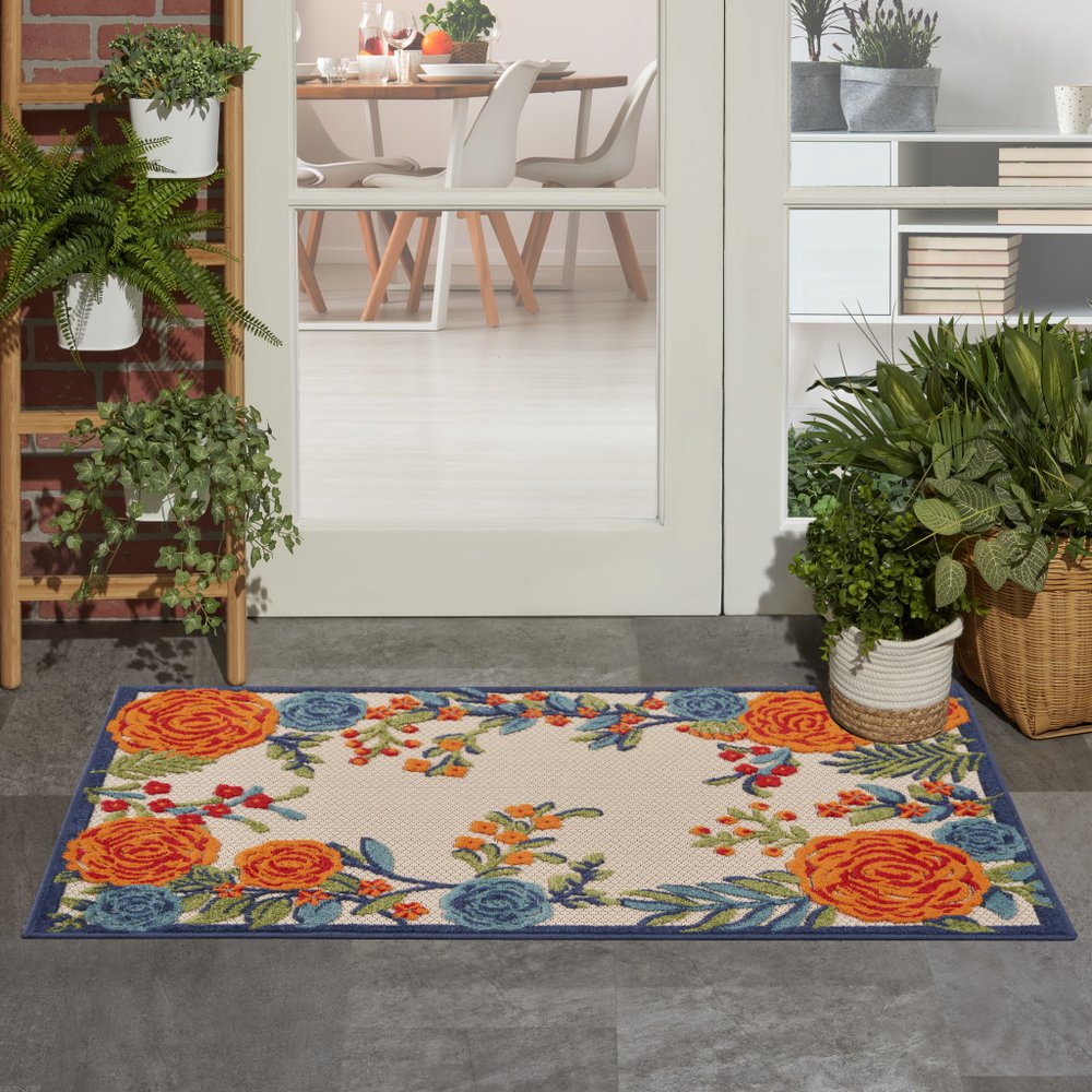 3' X 4' Ivory Orange and Blue Floral Indoor Outdoor Area Rug