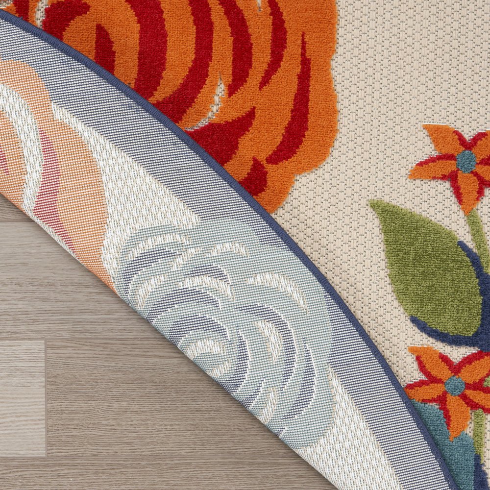 8' Ivory Orange and Blue Round Floral Indoor Outdoor Area Rug
