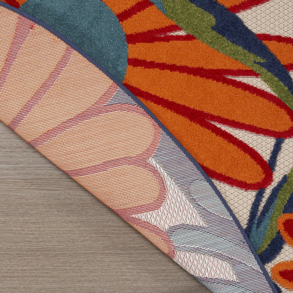 8' Ivory Orange and Blue Round Floral Indoor Outdoor Area Rug