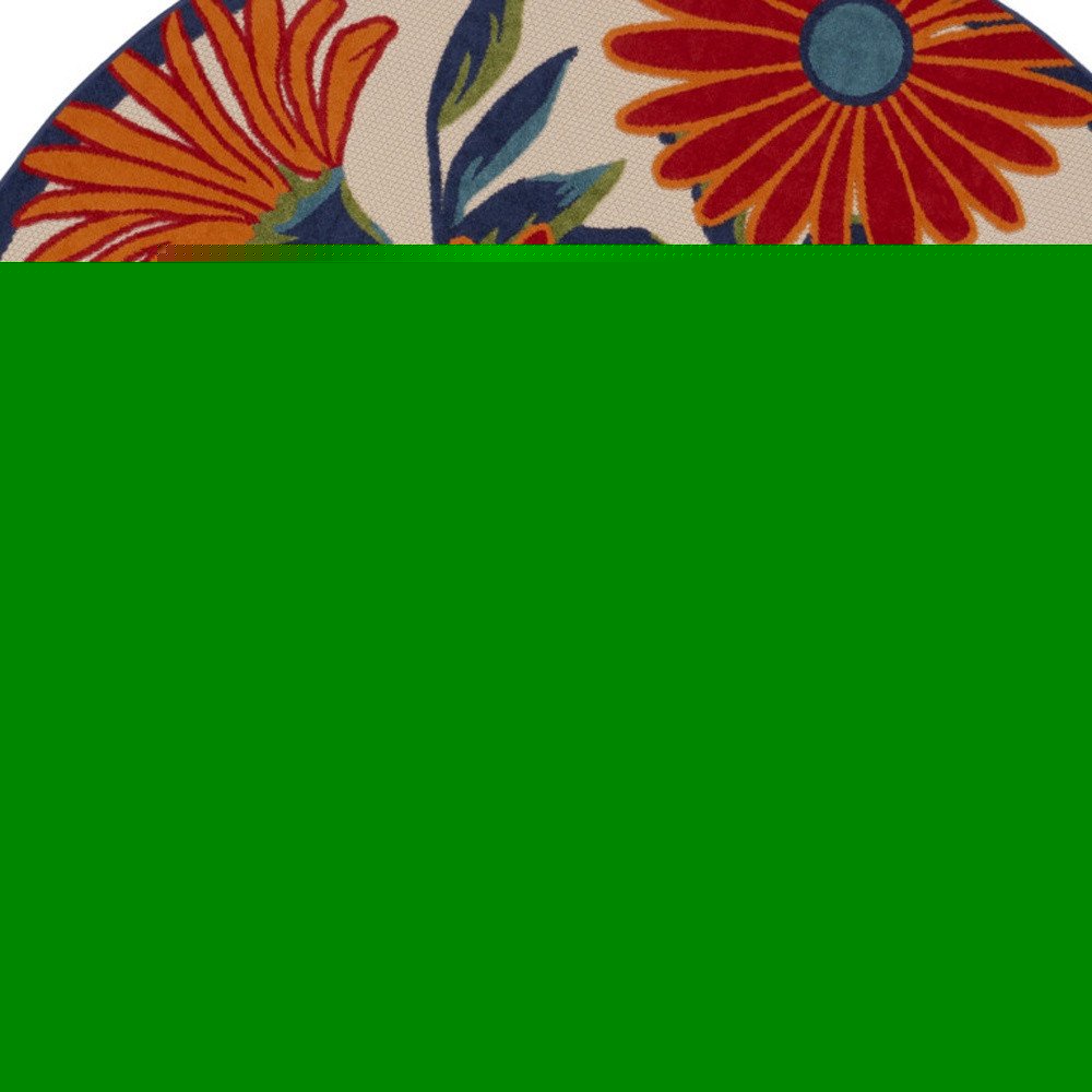8' Ivory Orange and Blue Round Floral Indoor Outdoor Area Rug