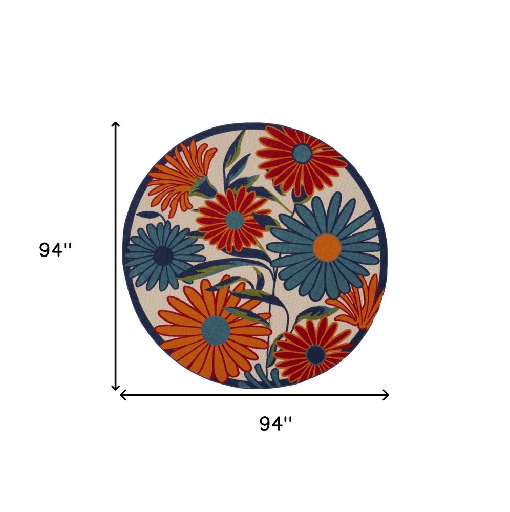 8' Ivory Orange and Blue Round Floral Indoor Outdoor Area Rug
