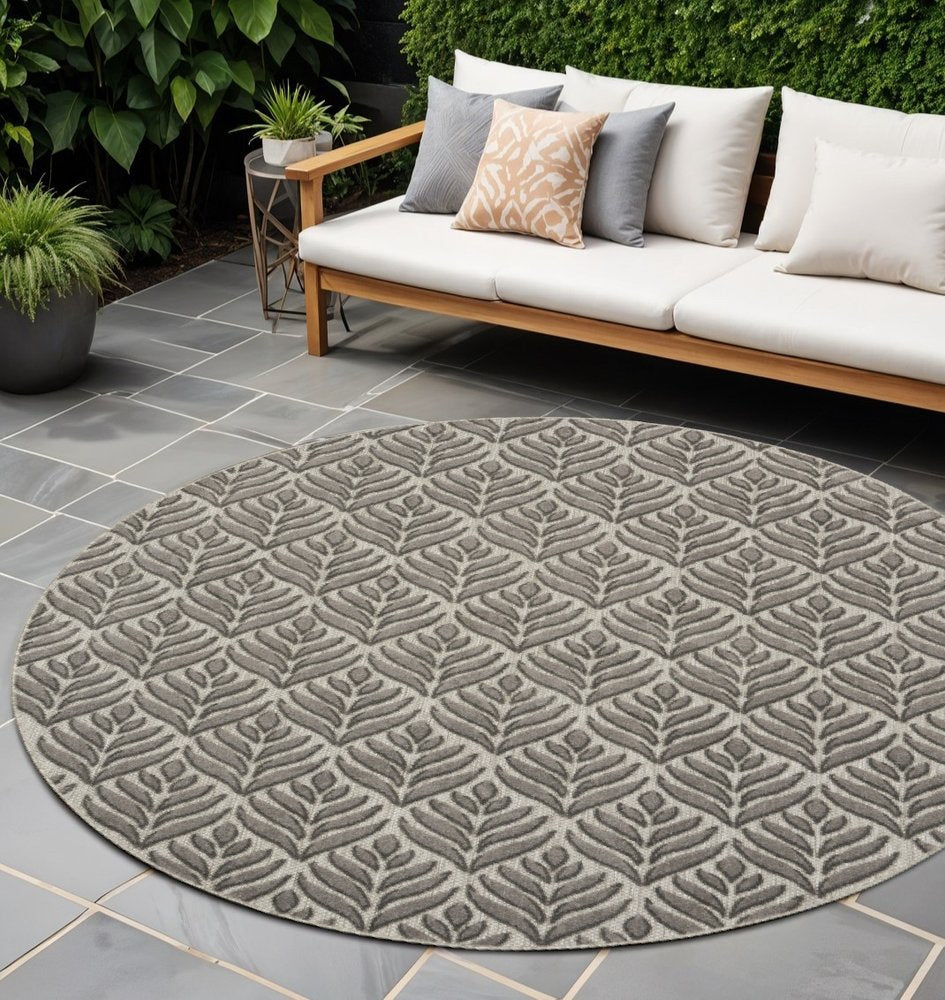 8' Charcoal Round Floral Indoor Outdoor Area Rug