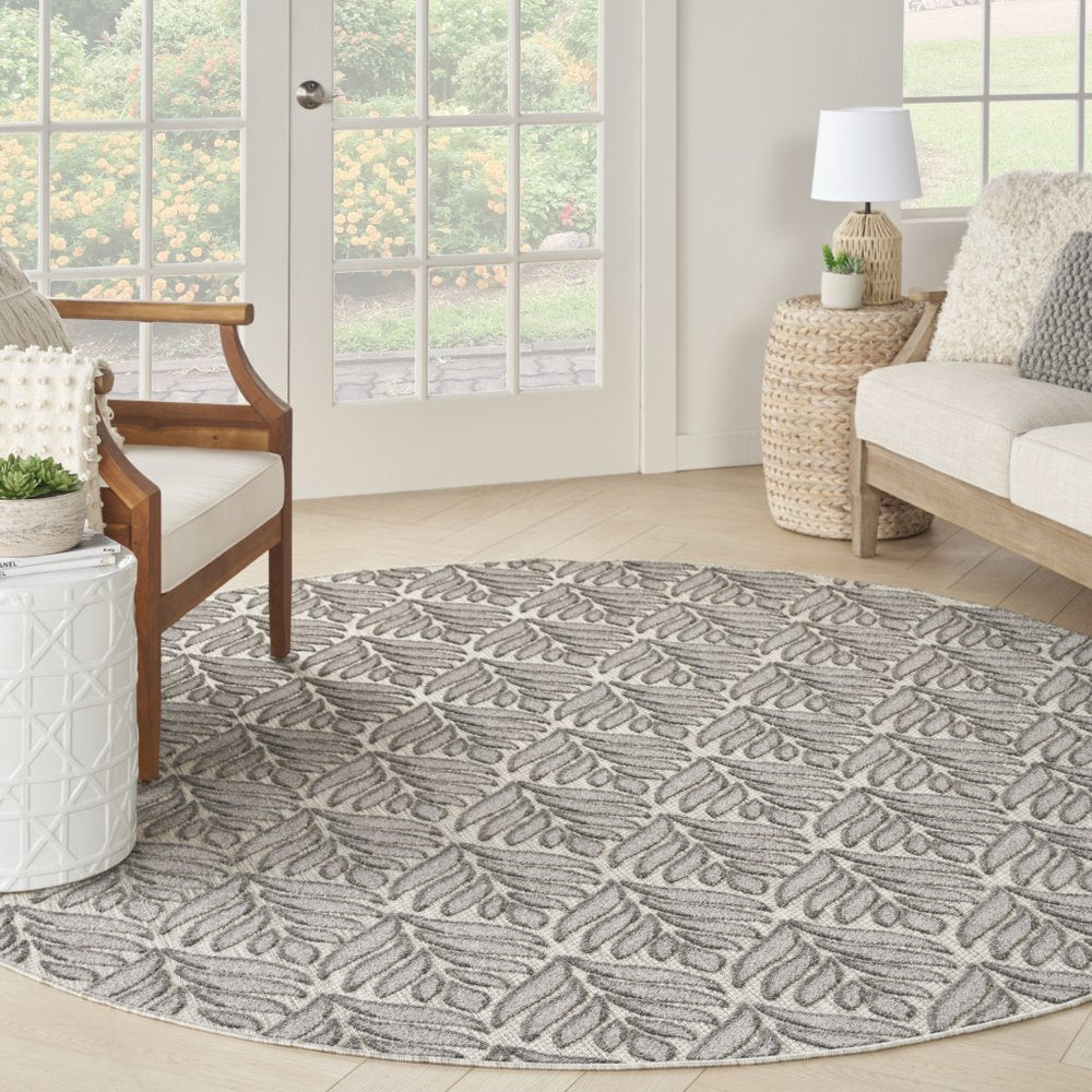 8' Charcoal Round Floral Indoor Outdoor Area Rug