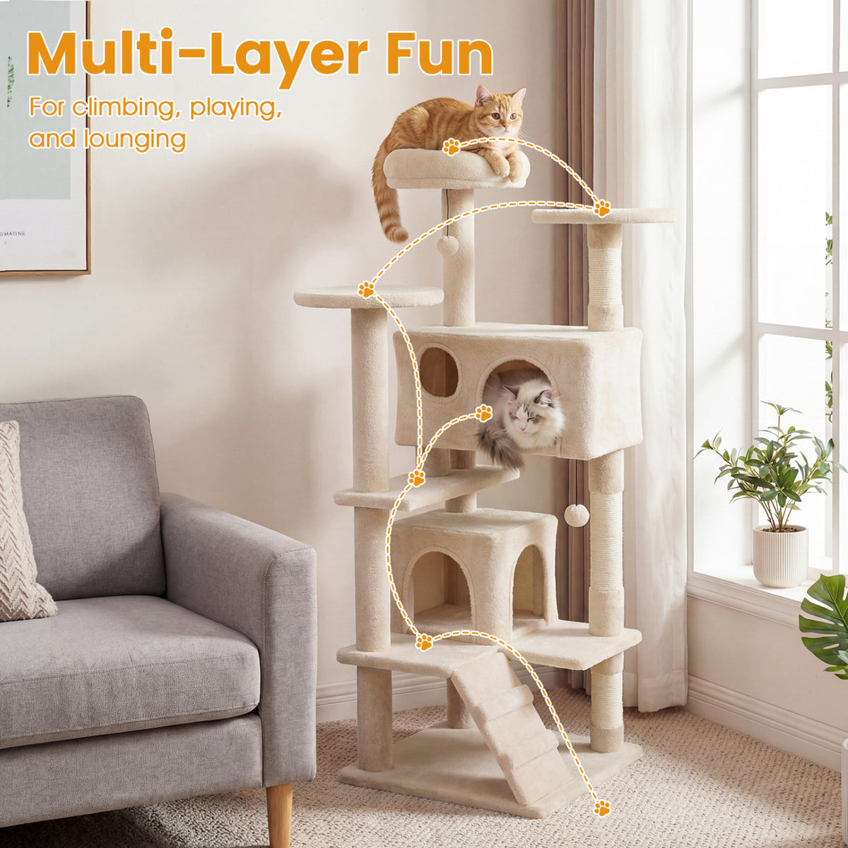 52 Inch Tall Cat Tree Tower for Indoor Cats-Beige