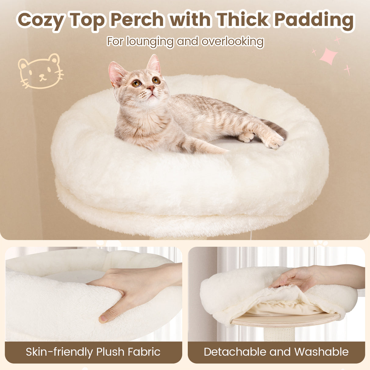 52 Inches Tall Wooden Cat Tree with Washable Plush Cushions and Multi-Level Climbing Stand