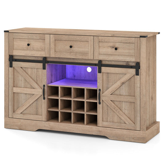 52 Inches Wine Bar Cabinet with LED Lights and Sliding Barn Doors-Light Gray