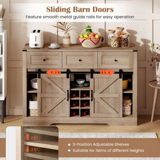 52 Inches Wine Bar Cabinet with LED Lights and Sliding Barn Doors-Light Gray
