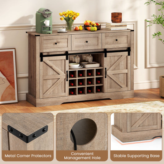 52 Inches Wine Bar Cabinet with LED Lights and Sliding Barn Doors-Light Gray