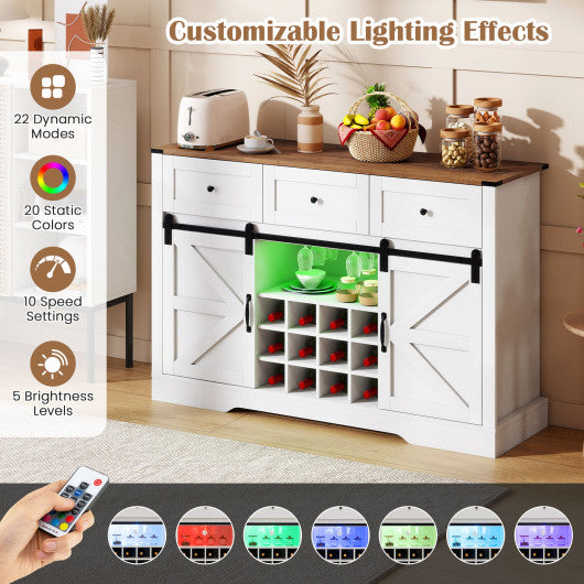 52 Inches Wine Bar Cabinet with LED Lights and Sliding Barn Doors-White