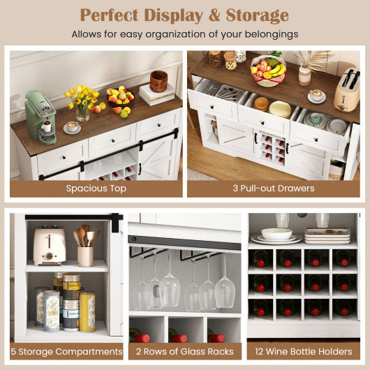 52 Inches Wine Bar Cabinet with LED Lights and Sliding Barn Doors-White