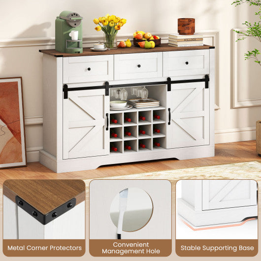 52 Inches Wine Bar Cabinet with LED Lights and Sliding Barn Doors-White