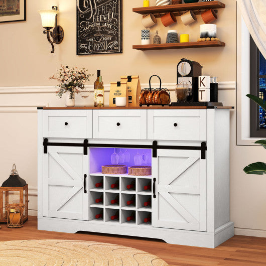 52 Inches Wine Bar Cabinet with LED Lights and Sliding Barn Doors-Black