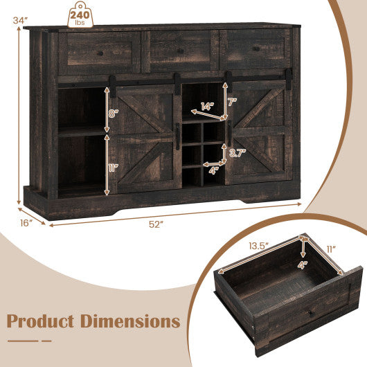 52 Inches Wine Bar Cabinet with LED Lights and Sliding Barn Doors-Black