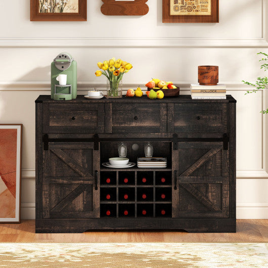 52 Inches Wine Bar Cabinet with LED Lights and Sliding Barn Doors-Black