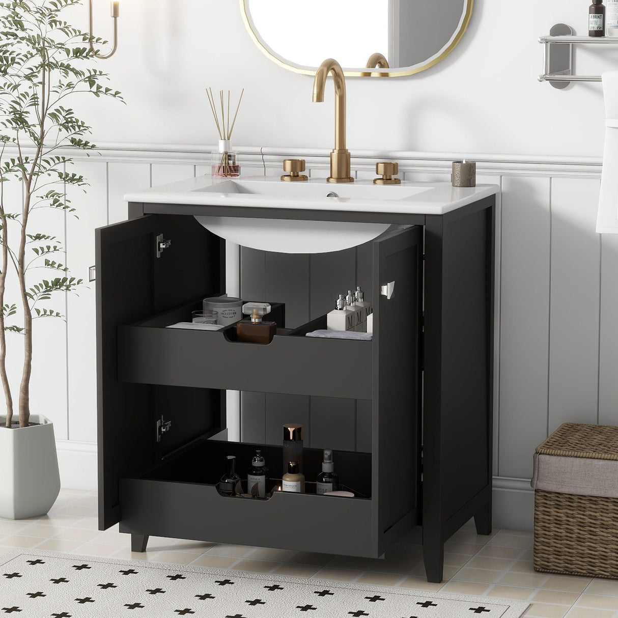 Freestanding Bathroom Vanity Combo With Ceramic Sink Shaker Style Vanities 2 Doors And 2 Drawers - Black by Couch.com