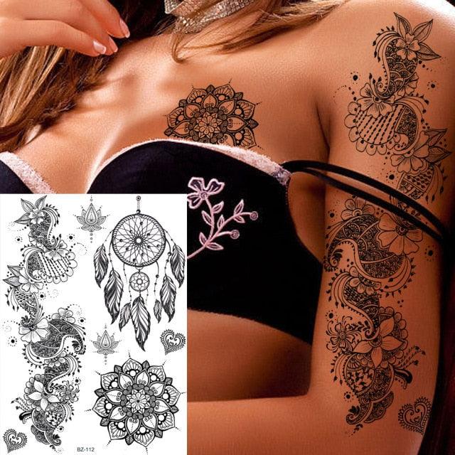 53 Sheets Black Lace Temporary Tattoos Sticker Butterfly Flower Fake Tatoo Sticker Sexy Black Henna Temporary Tattoos For Women