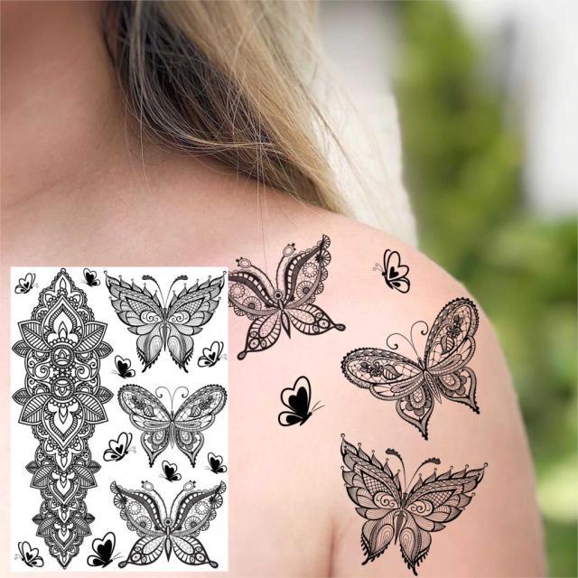 53 Sheets Black Lace Temporary Tattoos Sticker Butterfly Flower Fake Tatoo Sticker Sexy Black Henna Temporary Tattoos For Women