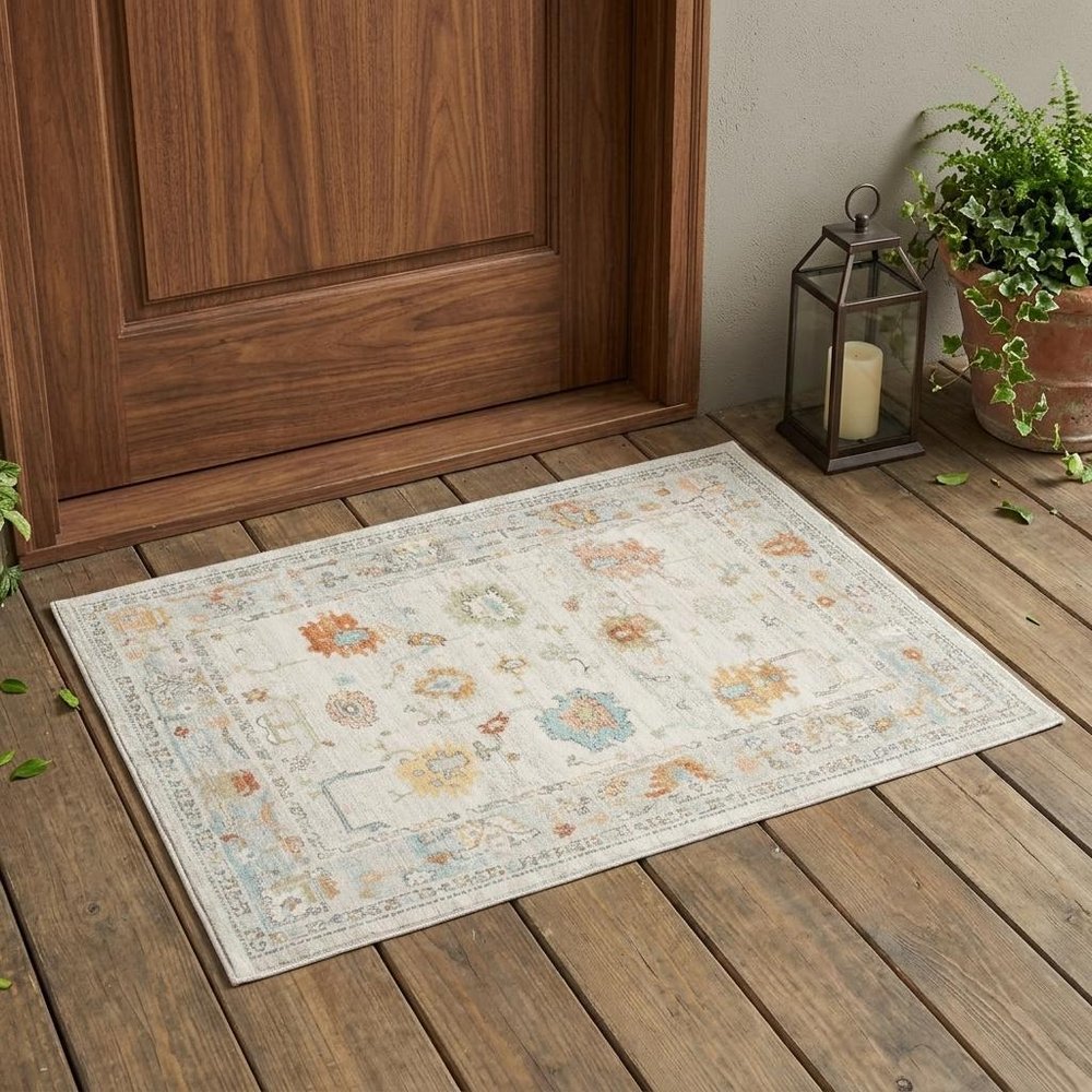 2' X 3' Blue and Orange Floral Stain Resistant Indoor Outdoor Area Rug