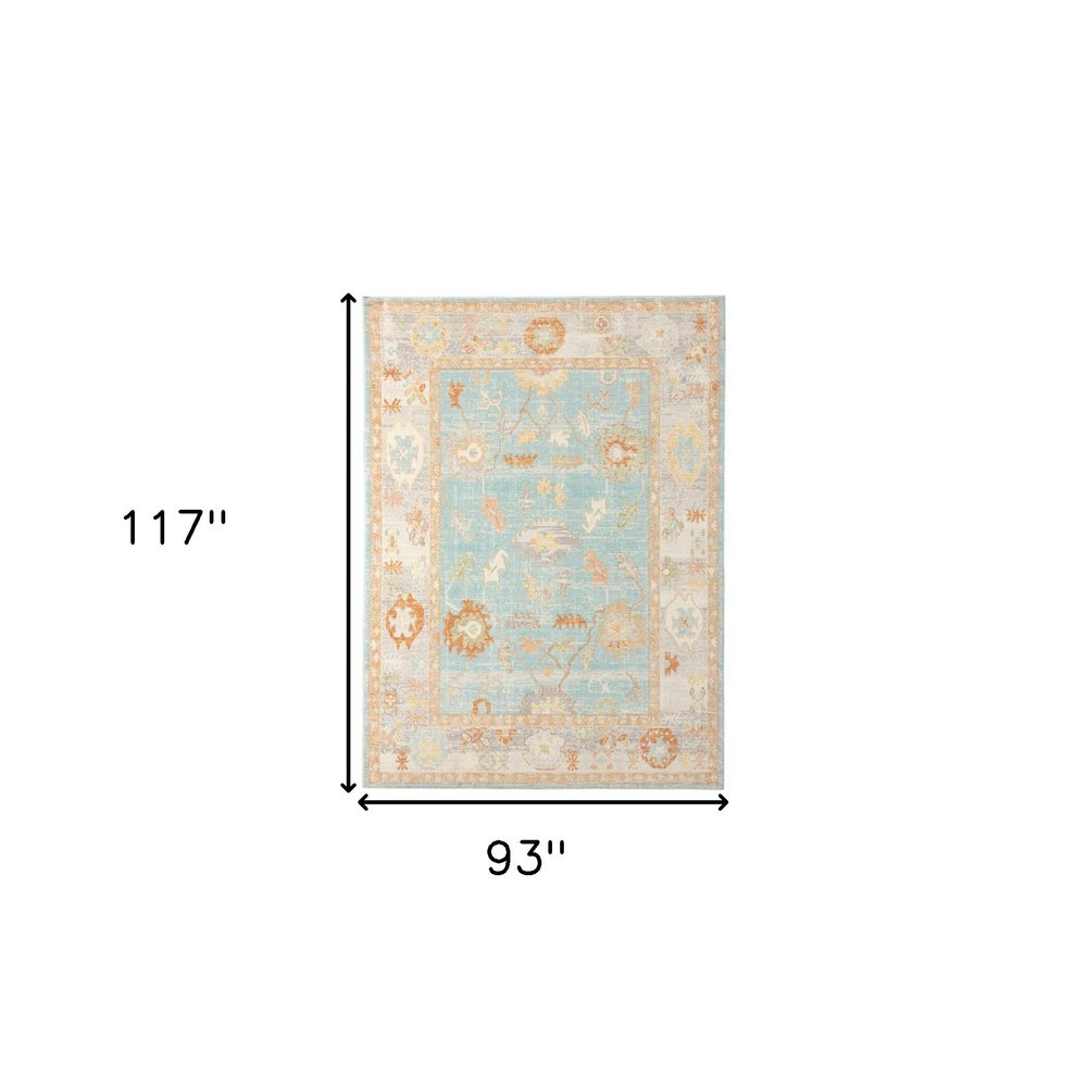 8' X 10' Blue and Orange Floral Stain Resistant Indoor Outdoor Area Rug