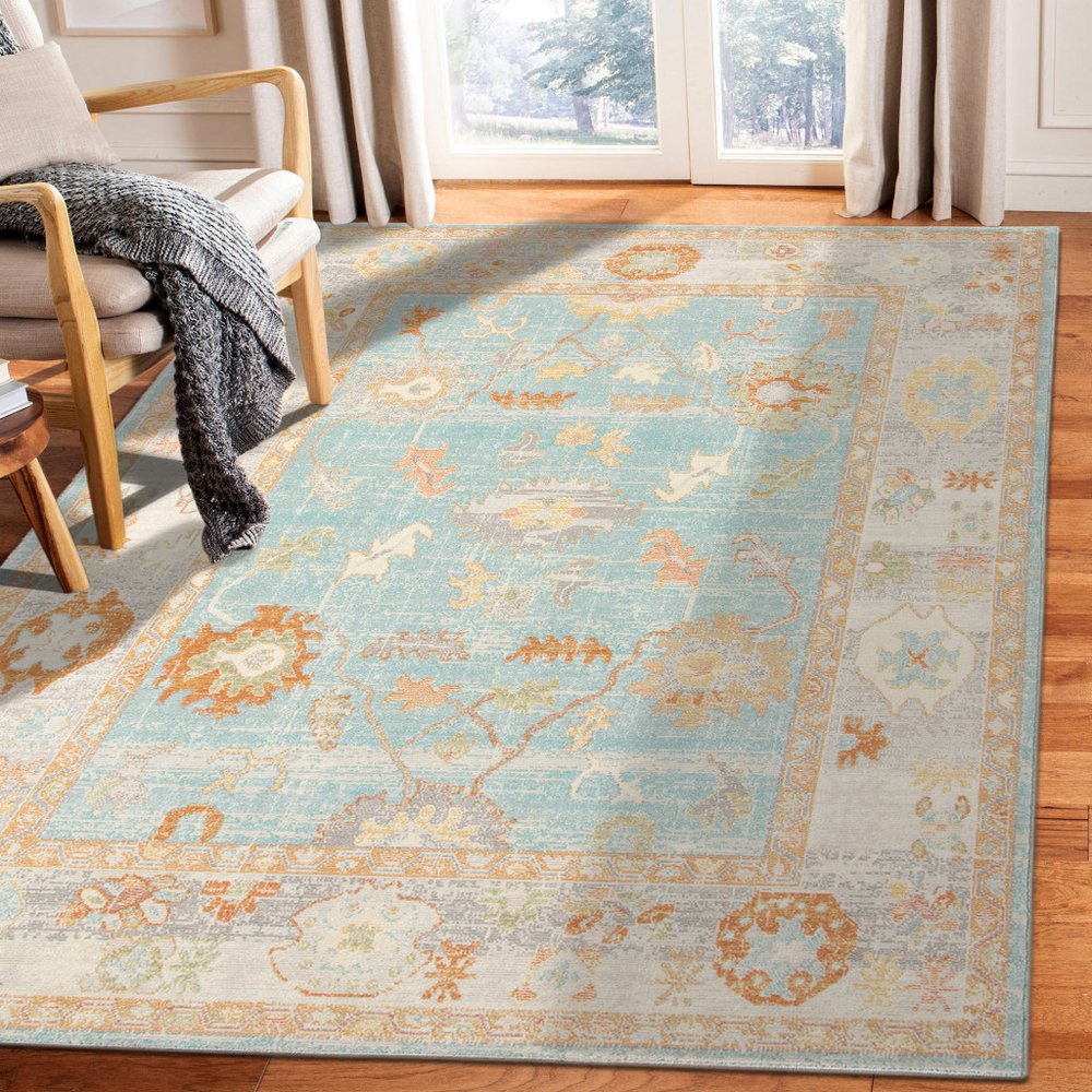 8' X 10' Blue and Orange Floral Stain Resistant Indoor Outdoor Area Rug