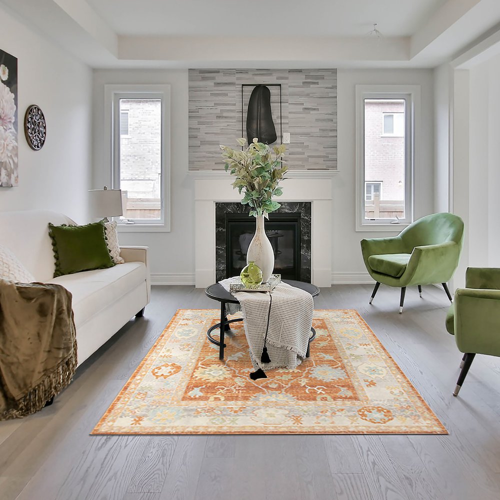 8' X 10' Blue and Orange Floral Stain Resistant Indoor Outdoor Area Rug