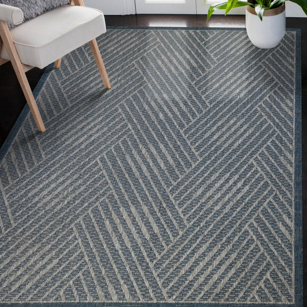 5' X 8' Gray and Blue Geometric Stain Resistant Indoor Outdoor Area Rug