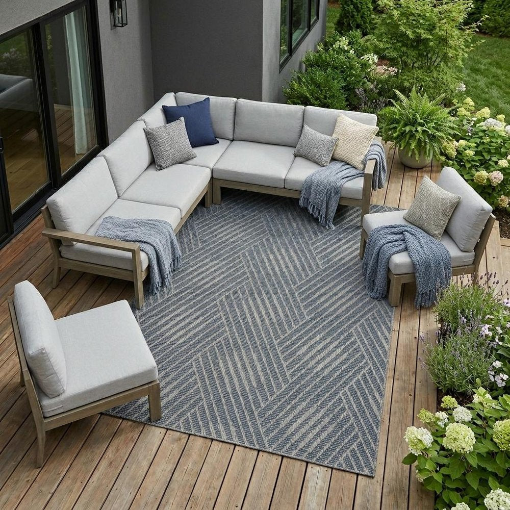 5' X 8' Gray and Blue Geometric Stain Resistant Indoor Outdoor Area Rug