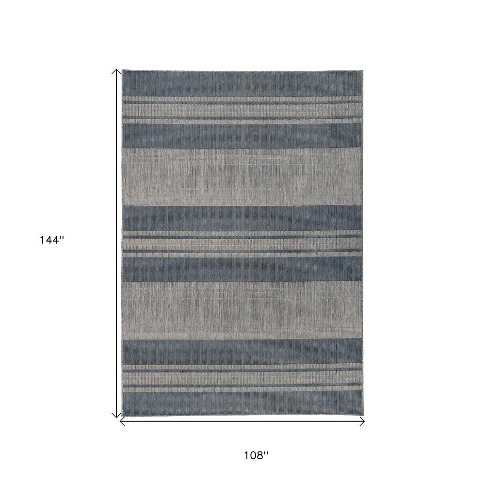 9' X 12' Blue and Gray Striped Stain Resistant Indoor Outdoor Area Rug
