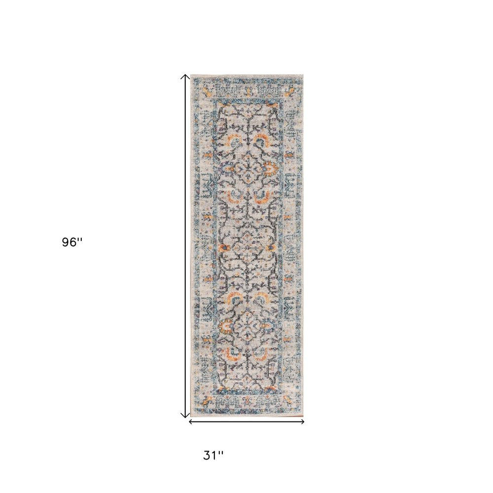 8' Ivory And Yellow Oriental Distressed Runner Rug