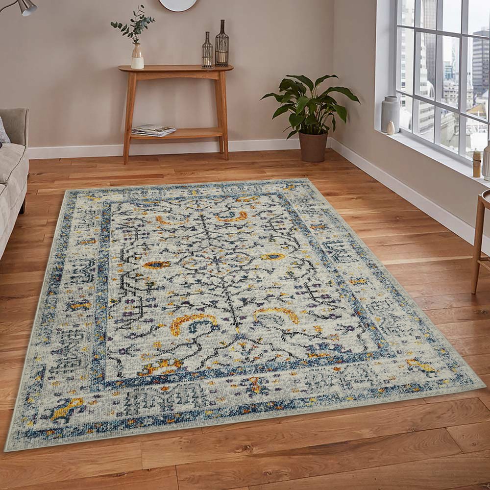 8' Ivory And Yellow Oriental Distressed Runner Rug