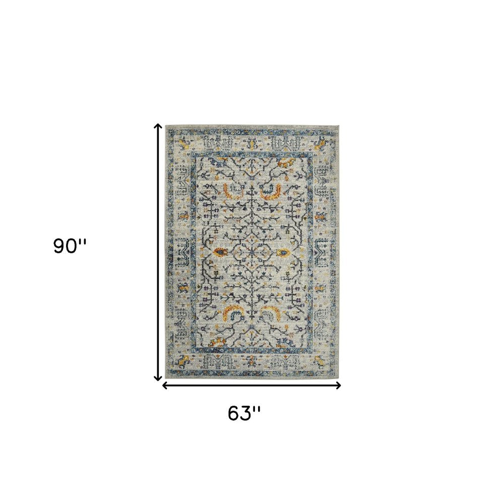 5' X 8' Ivory And Yellow Oriental Distressed Area Rug