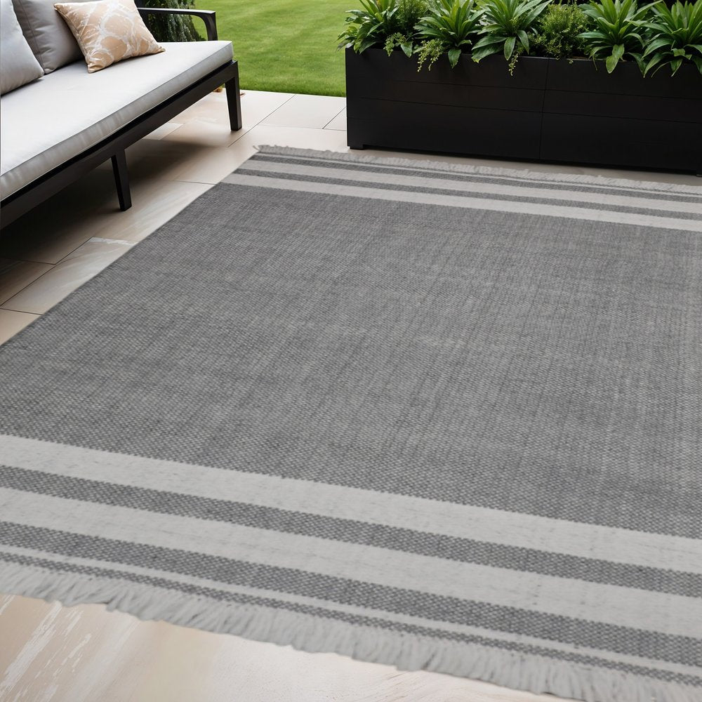 8' X 10' Blue Striped Handmade Stain Resistant Non Skid Indoor Outdoor Area Rug