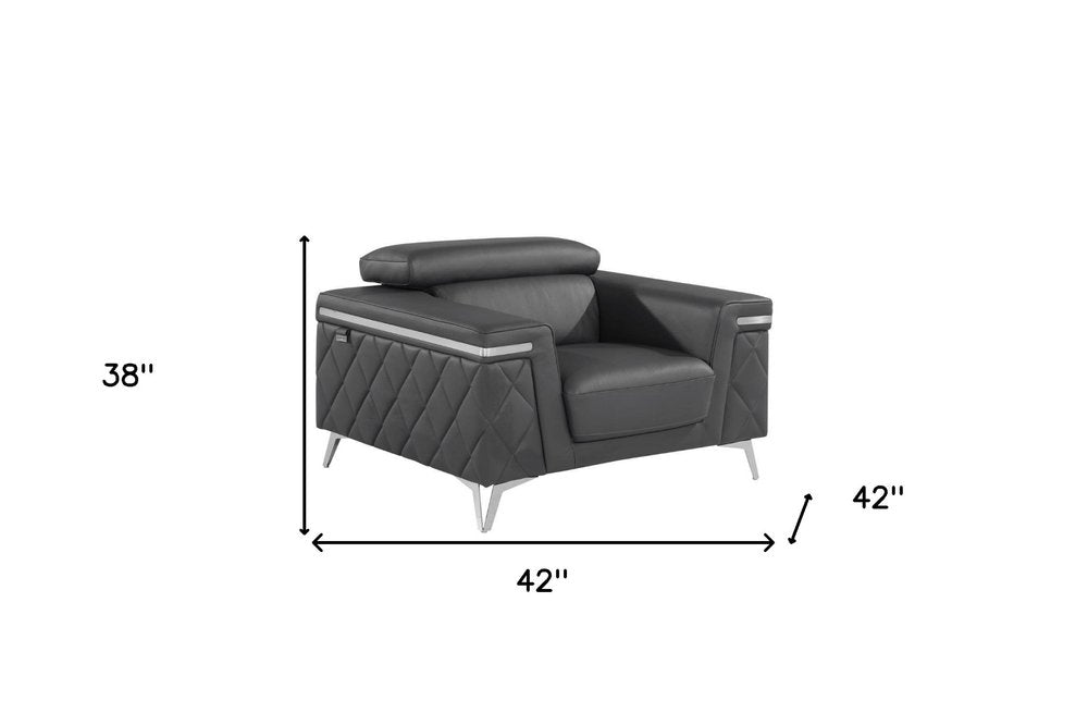 42" Gray And Silver Top Grain Leather Club Chair